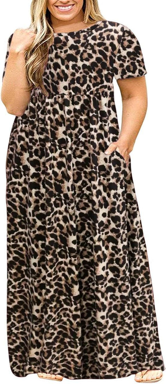 Women’S plus Size Maxi Dresses for Curvy Women Summer Casual Short Sleeve Long Dress with Pockets
