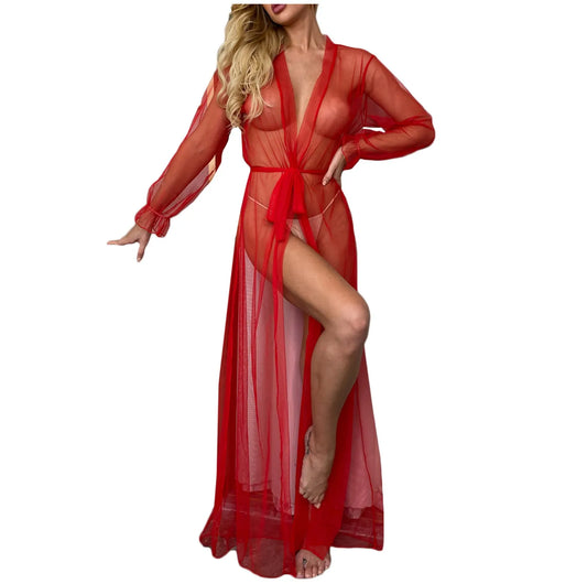 Sexy Hot Erotic Women Nightwear Long Red Mesh Nightgown Sleepwear Red Sexy Long Nightgowns See through Sheer Mesh Night Dress